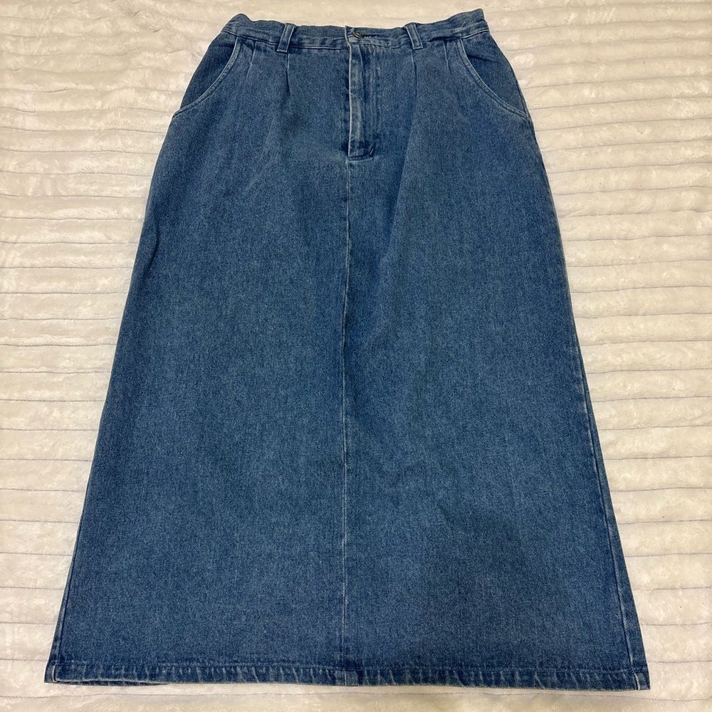 Vintage Averrce 90s denim high rise pleated midi skirt, sz 8
